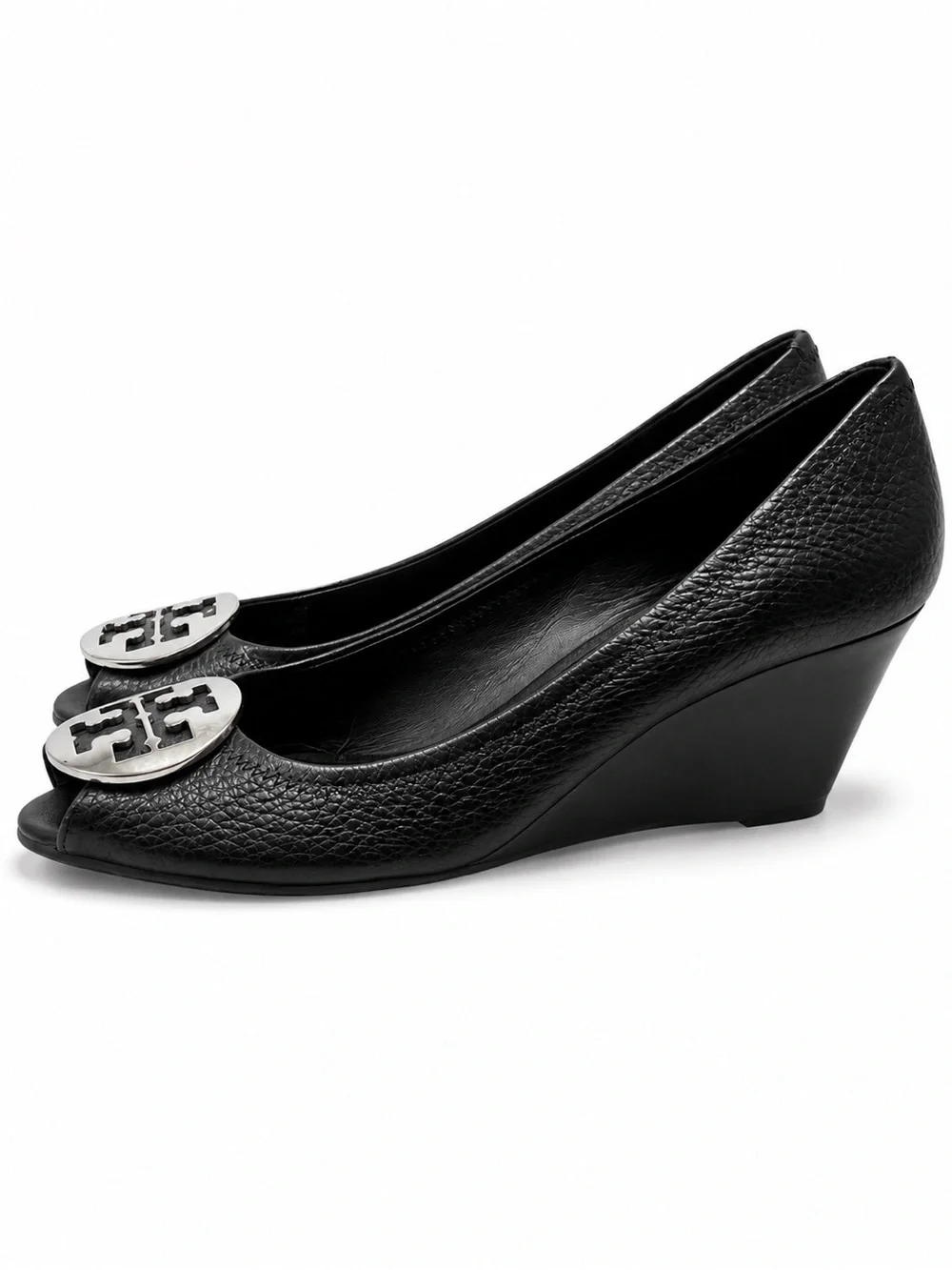 Tory Burch Black Leather Peep-Toe Wedges with Silver Logo Medallion